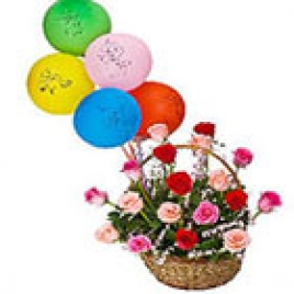 15 Mix Roses Round Handle Basket With 5 Colorful Balloons