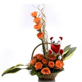 Special Basket Of 10 Orange Roses With Teddy